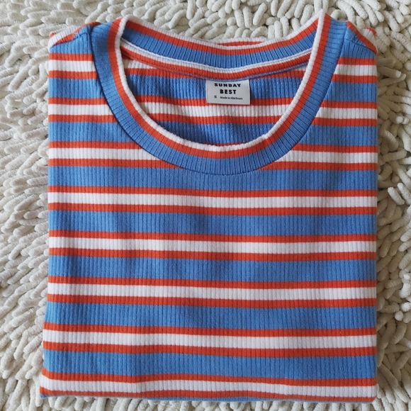 Sunday Best blue & orange striped short sleeve shirt- size small - Picture 6 of 6